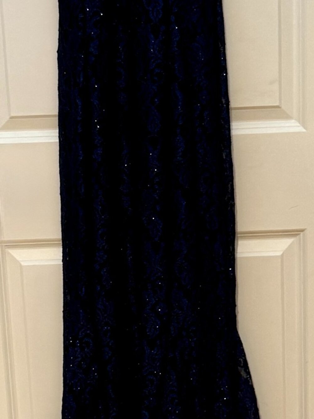 R&M Richards purple sequined lace gown w/halter neckline & mermaids silhouette
